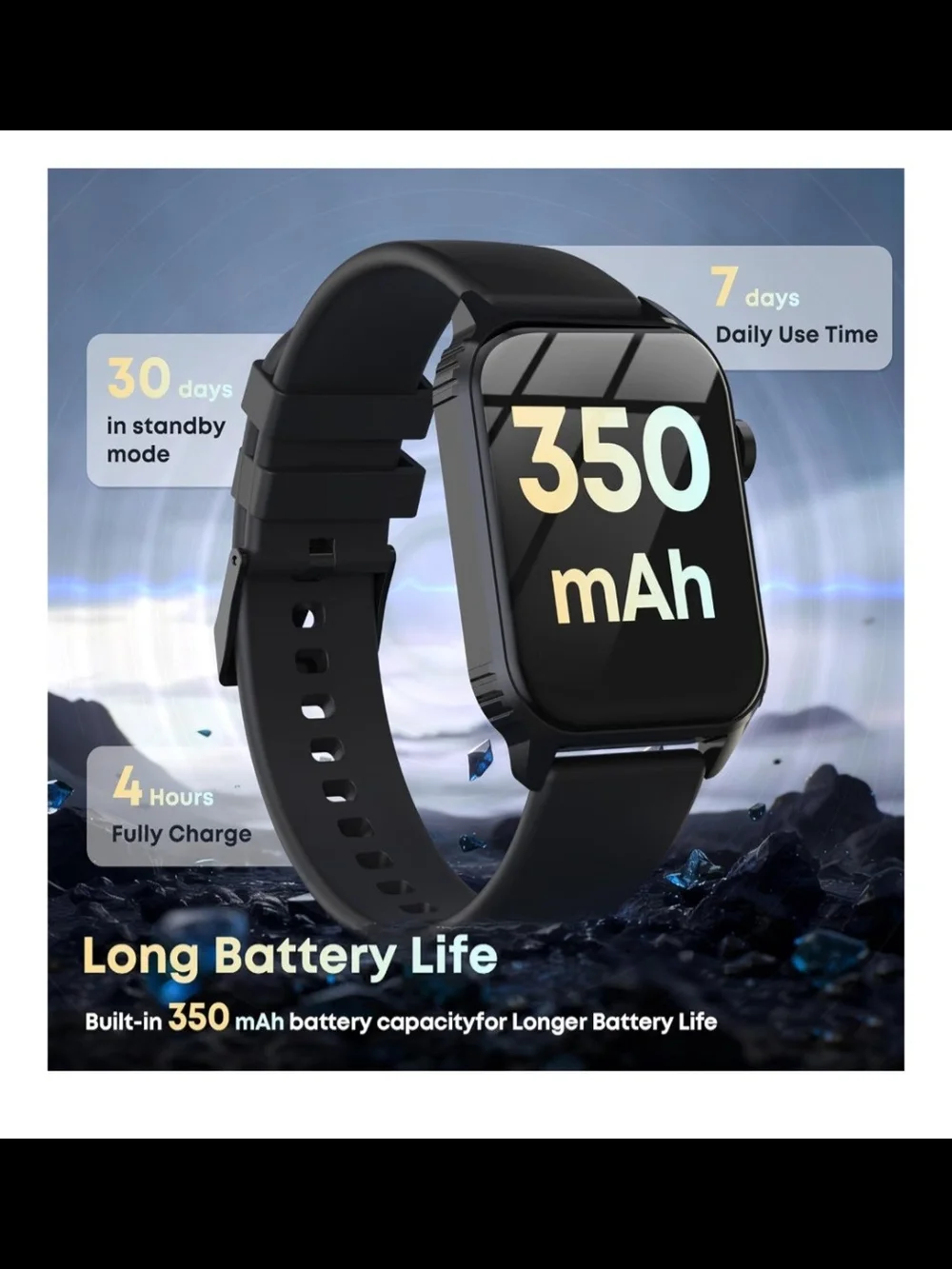 Smart Fitness Watch with Black Silicone Band